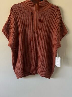 STYLUS Rust Open-Knit Half-Zip Turtleneck Poncho